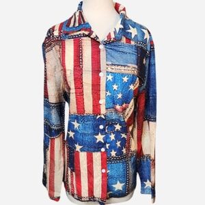 Patriotic Patchwork Print Button-Up Women's Shirt